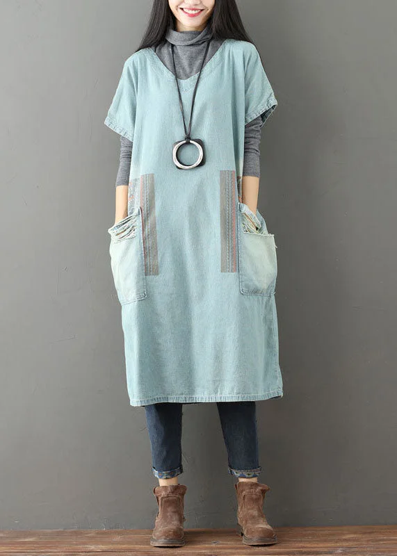 Women Light Blue V Neck Pockets Patchwork Denim Dresses Short Sleeve Embroidered Denim Skirt