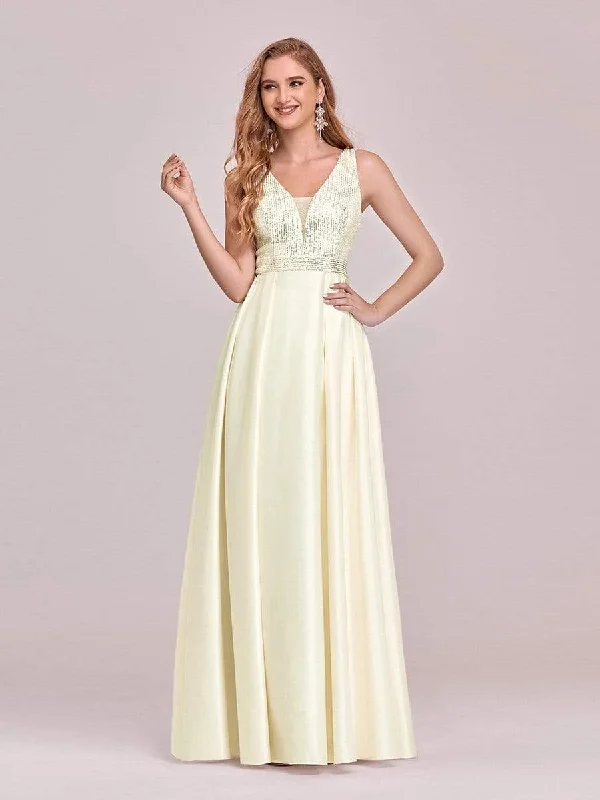 Sweet Double V Neck A-Line Satin Prom Dress with Sequin Sparkly Mini Sequin