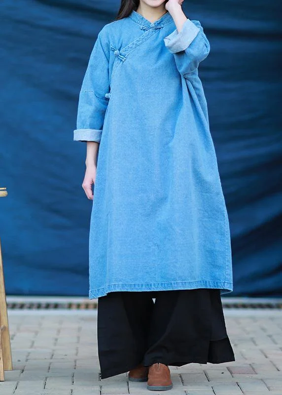 Loose stand collar Tunic Photography denim light blue Dress Ripped Denim Skirt