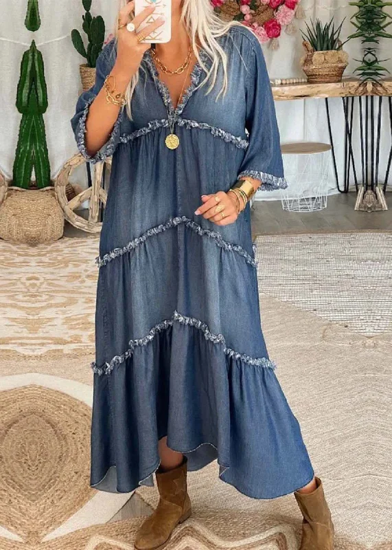 Chic Navy V Neck Patchwork Tassel Denim Long Dress Half Sleeve A-line Denim Skirt