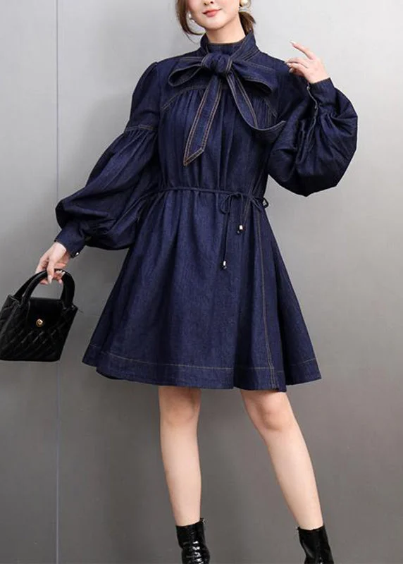 Natural Navy Bow Patchwork Denim Mid Dress Lantern Sleeve Light Wash Denim Skirt