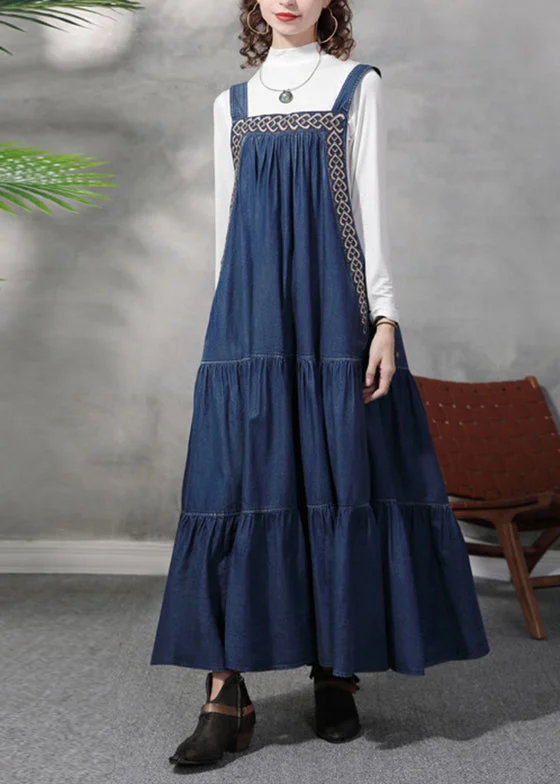 Stylish Blue wrinkled Embroideried Spaghetti Strap Cotton Denim Dresses Spring Long Denim Skirt