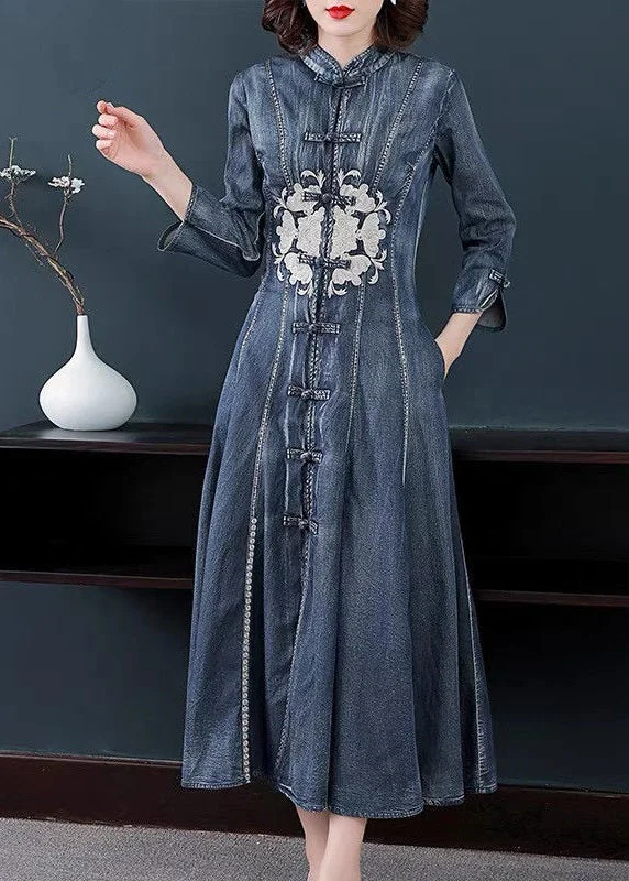 Slim Fit Navy Stand Collar Embroideried Cotton Denim Dress Long Sleeve Flared Denim Skirt