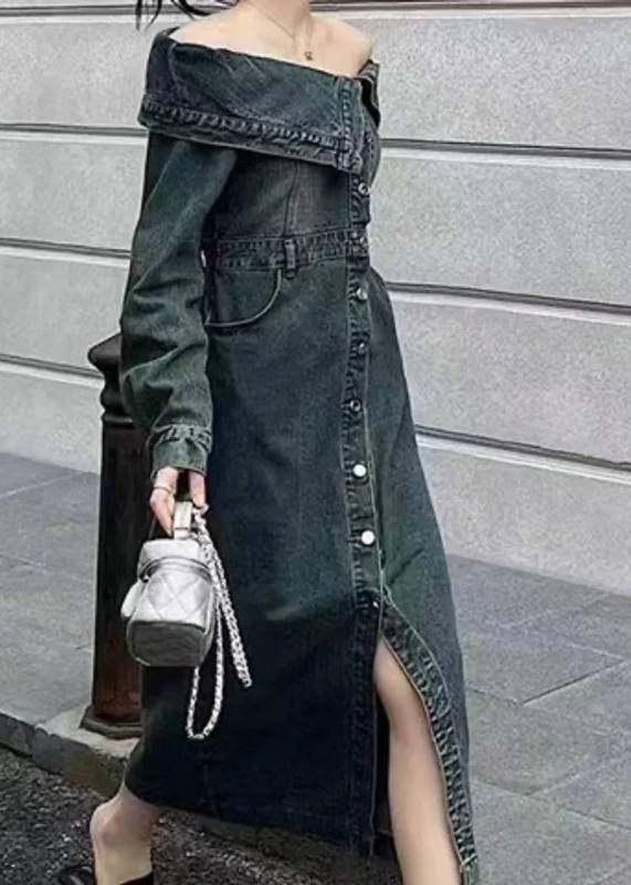 Fashion Blue Slash Neck Patchwork Side Open Denim Long Dresse Puff Sleeve High-Waisted Denim Skirt