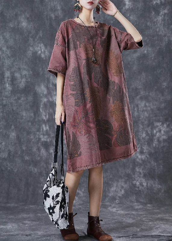 Fashion Brick Red Oversized Print Denim Dresses Winter Classic Blue Denim