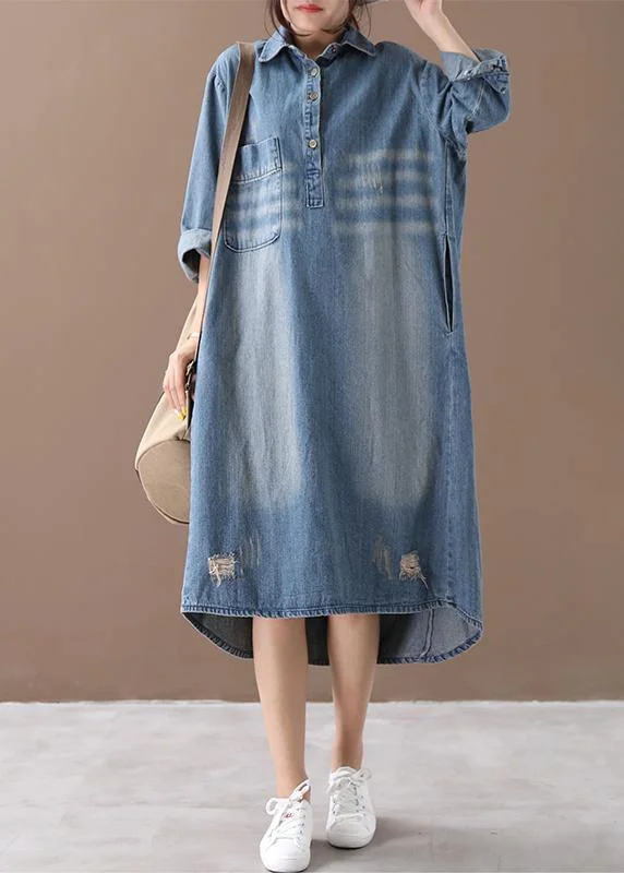 Women lapel Hole spring outfit Shape denim blue Dresses Vintage Style Denim