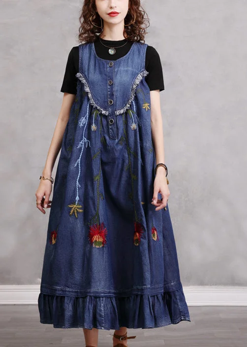 Boho Blue O-Neck Ruffled Embroideried Patchwork Cotton Denim Dress Sleeveless White Denim Skirt