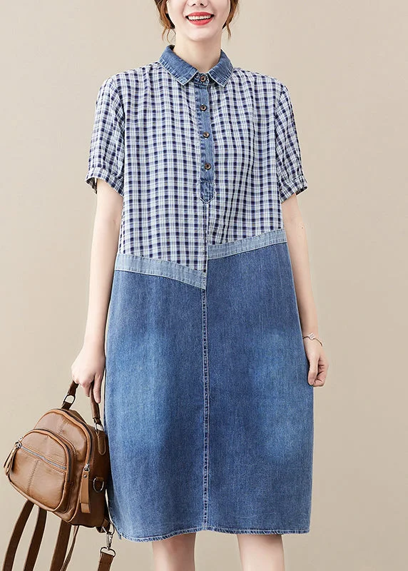 Fitted Blue Peter Pan Collar Patchwork Plaid Denim Long Dress Summer Denim Skirt Trendy