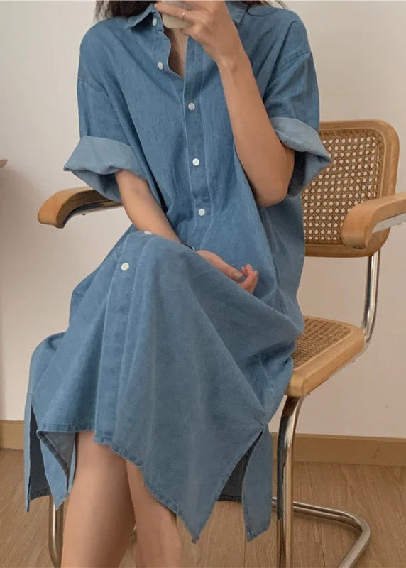 Italian Blue Peter Pan Collar Button Side Open Maxi Denim Dress Short Sleeve Button-down Denim Skirt