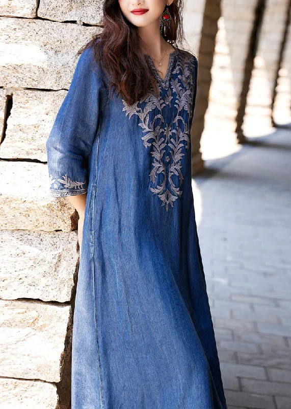 Handmade Blue V Neck Embroidered Silk Cotton Long Denim Dress Long Sleeve Elegant Denim Skirt