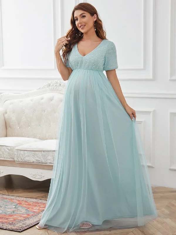 Short Sleeve Sequin Floor-Length Empire Waist Maternity Dress Sequin Lace Dress