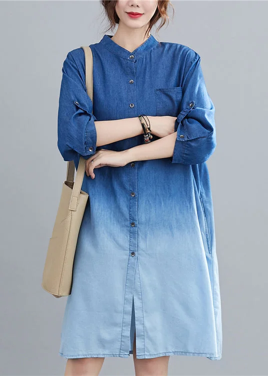 Blue Gradient Color Denim Holiday Dress Stand Collar Fall Denim Skirt Glam