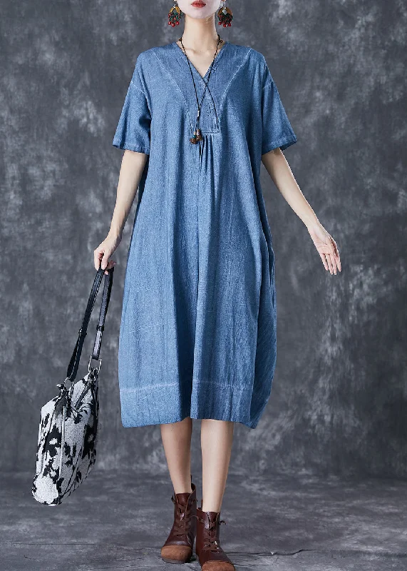 Denim Blue Cotton Robe Dresses Oversized Pockets Summer Stylish Ripped Denim