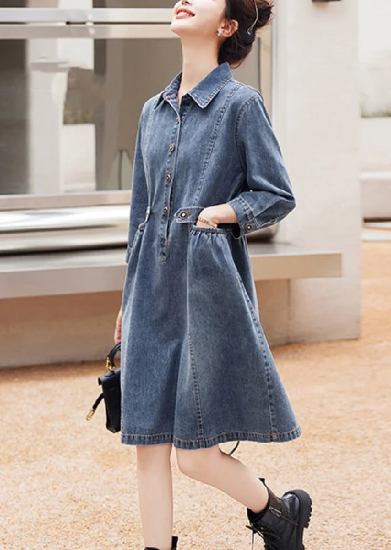 Organic Blue Patchwork Wrinkled Denim Mid Dresses Long Sleeve Black High-Waisted Denim