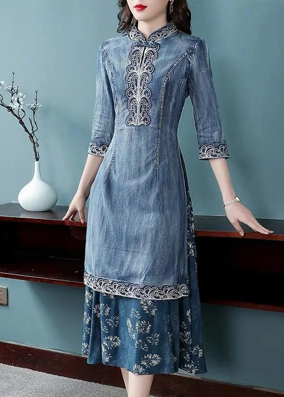 Beautiful Blue Stand Collar side open Embroideried Patchwork denim Dress Three Quarter sleeve Denim Skirt Set