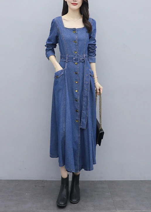 Fitted Blue Square Collar button Sashes pocket Cotton denim Dress Long Sleeve Denim Skirt Trend