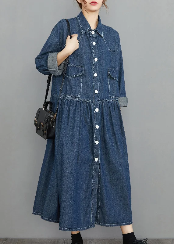 Chic Navy Peter Pan Collar Button Pockets wrinkled Denim Dress Spring Pleated Denim Skirt