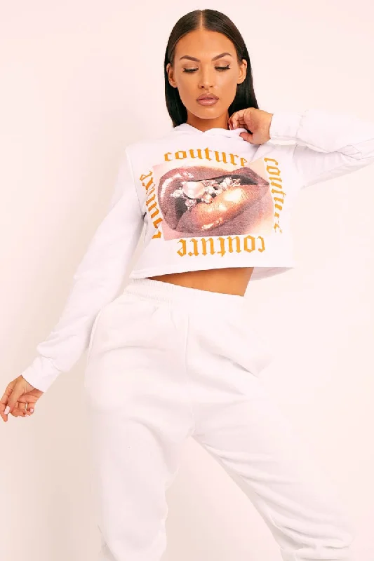 White Couture Graphic Cropped Hoodie - Camia Cozy Wool Pullover