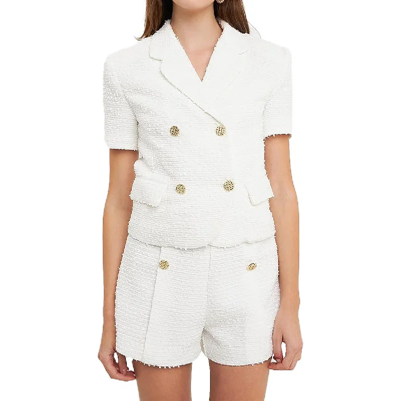 Womens Textured Short Sleeve Double-Breasted Blazer Classic Style Blazer