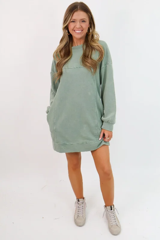 Casual Sweatshirt Dress - Washed Sage Cozy Hoodie Pullover