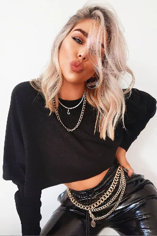 Black Cropped Batwing Jumper - Lizy Pullover with Ribbed Detail