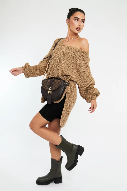 Camel Knit Oversized Jumper - Darci Pullover with Ribbed Detail