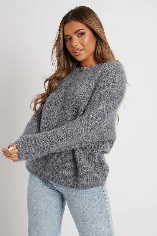 Grey Scoop Neck Fluffy Jumper - Ameliah Casual Sweater Pullover