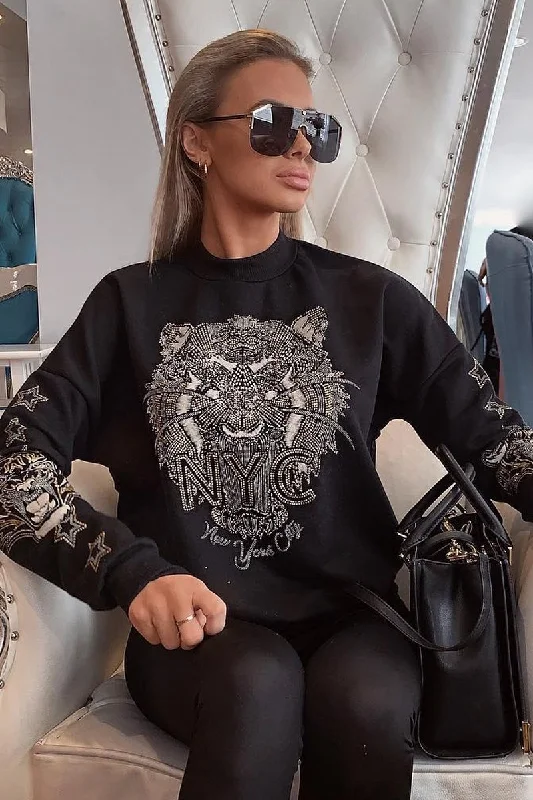 Black Gold Studded Tiger NYC Sweatshirt - Lezlie Comfortable Pullover Sweatshirt