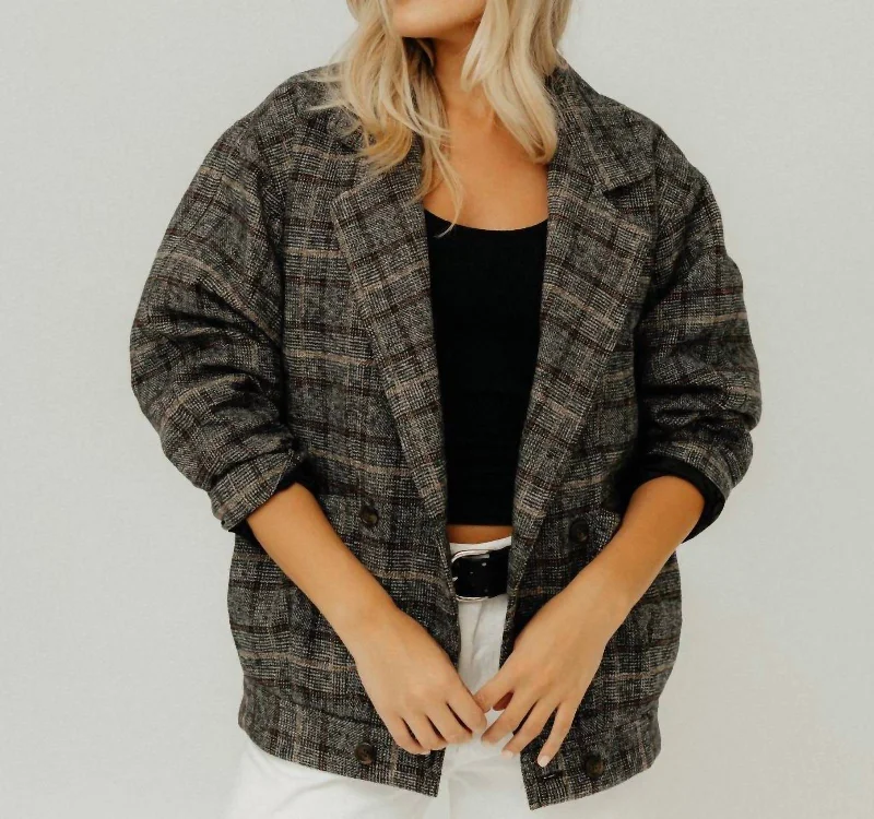 Double Breasted Jacket In Grey Plaid Trendy Women’s Blazers