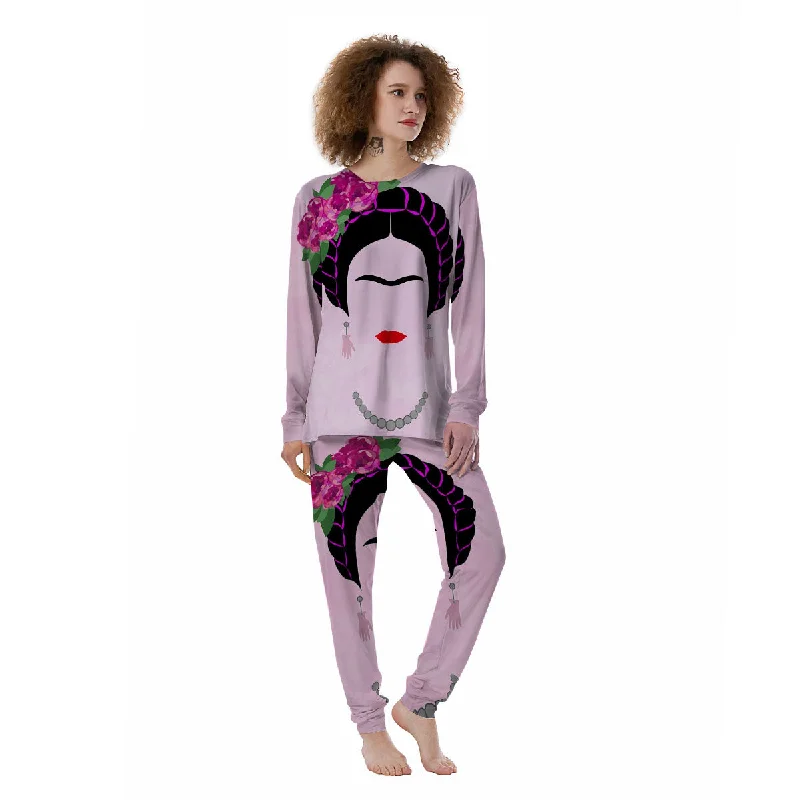 Pink Flower And Frida Kahlo Print Women's Pajamas High-end pajama sets