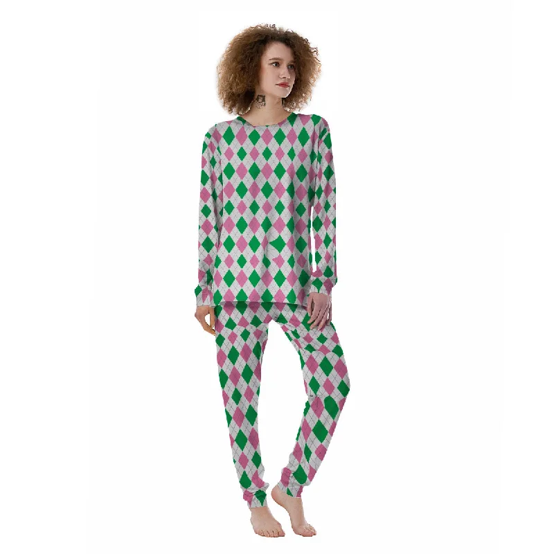 Pink Green And White Argyle Print Women's Pajamas Affordable pajama sets