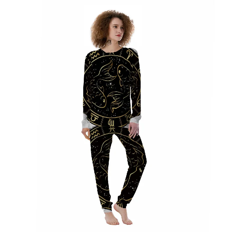 Pisces Sign Black And Gold Print Women's Pajamas Camisole pajama sets