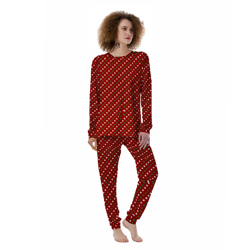 Polka Dot Red And Green Print Pattern Women's Pajamas Knitted pajama sets