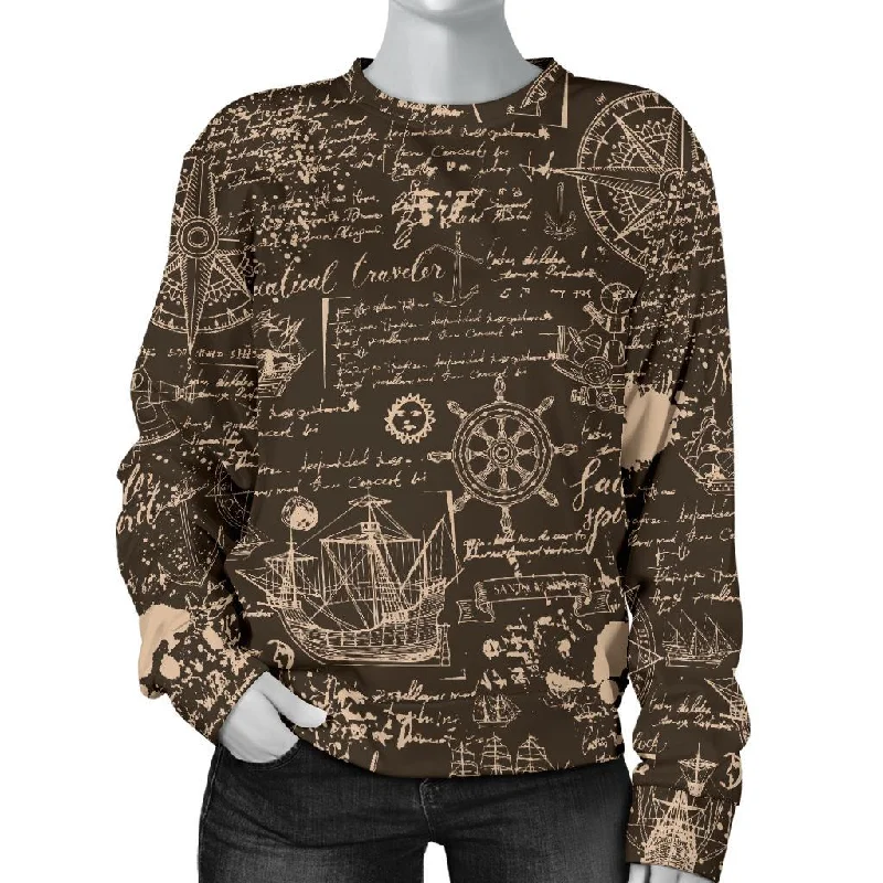 Compass Map Pattern Print Women's Sweatshirt Elegant sweaters