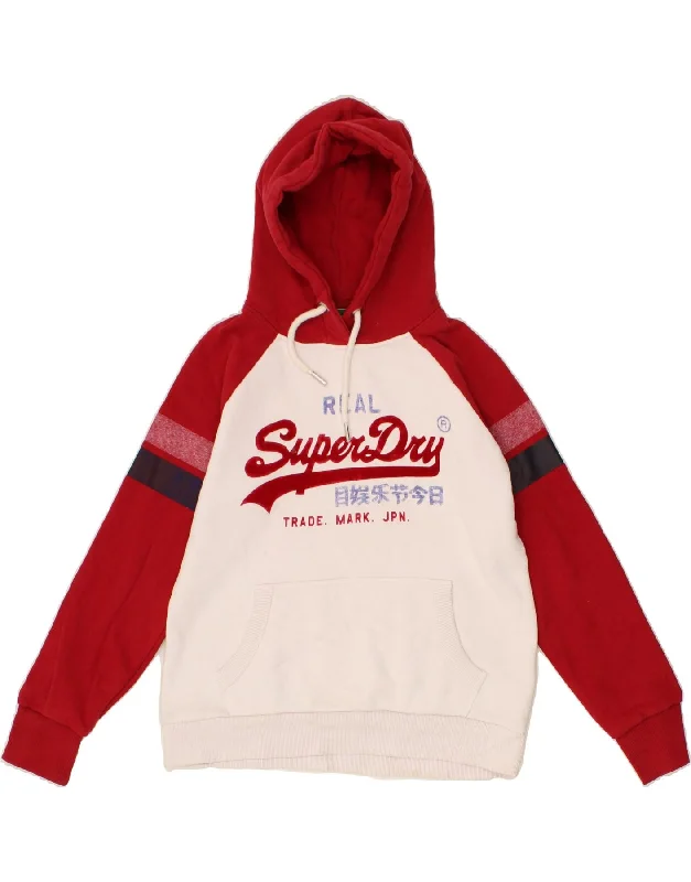 SUPERDRY Womens Graphic Hoodie Jumper UK 14 Large White Colourblock Cotton Streetwear sweaters