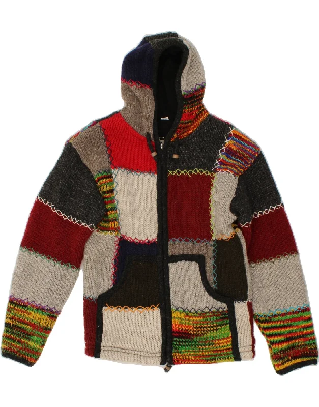 VINTAGE Womens Hooded Cardigan Sweater UK 10 Small Multicoloured Patchwork Affordable sweaters