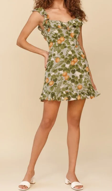 LEAF FRUIT PRINT RUFFLE MINI DRESS IN GREEN Strapless mini dresses