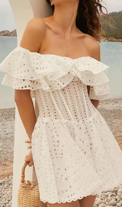 OFF-SHOULDER PRINT MINI DRESS IN WHITE Vacation mini dresses