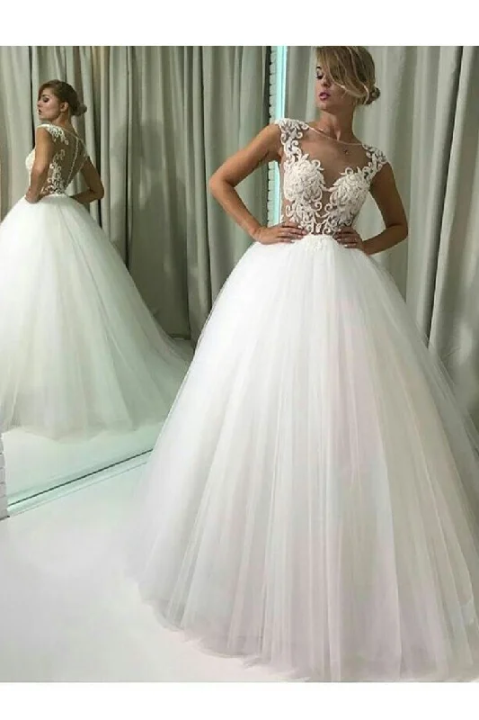 A Line Tulle Bateau With Applique Sweep Train Wedding Dresses Lace Wedding Dress