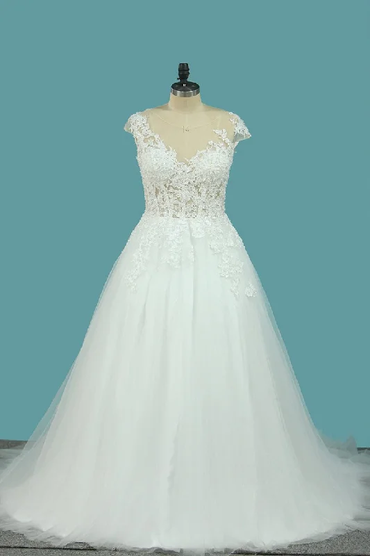 A Line Tulle Cap Sleeve Scoop Wedding Dresses With Applique Court Train Illusion Neckline Gown