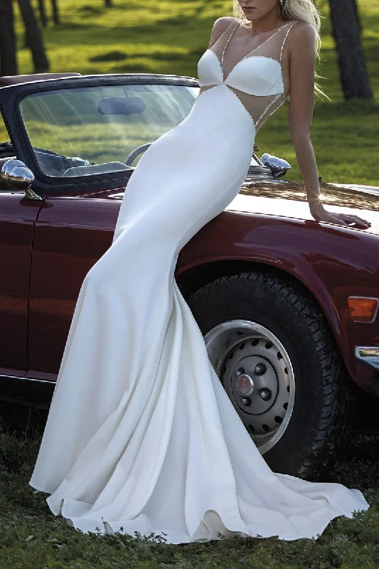 Attractive Illusion Deep V neck Beads Mermaid Wedding Dress QW2138 Wedding Gown Set