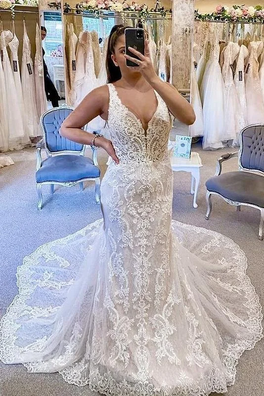 Amazing Mermaid V-neck Long Lace Wedding Dress Classy Bridal Gowns Y0157 Mermaid Style Gown