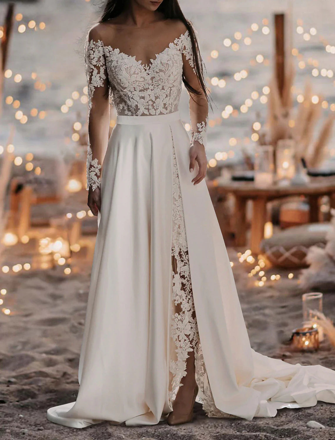 Beach Mature Wedding Dresses A-Line Off Shoulder Long Sleeve Court Train Satin Bridal Gowns With Pleats Split Front Elegant Lace Gown