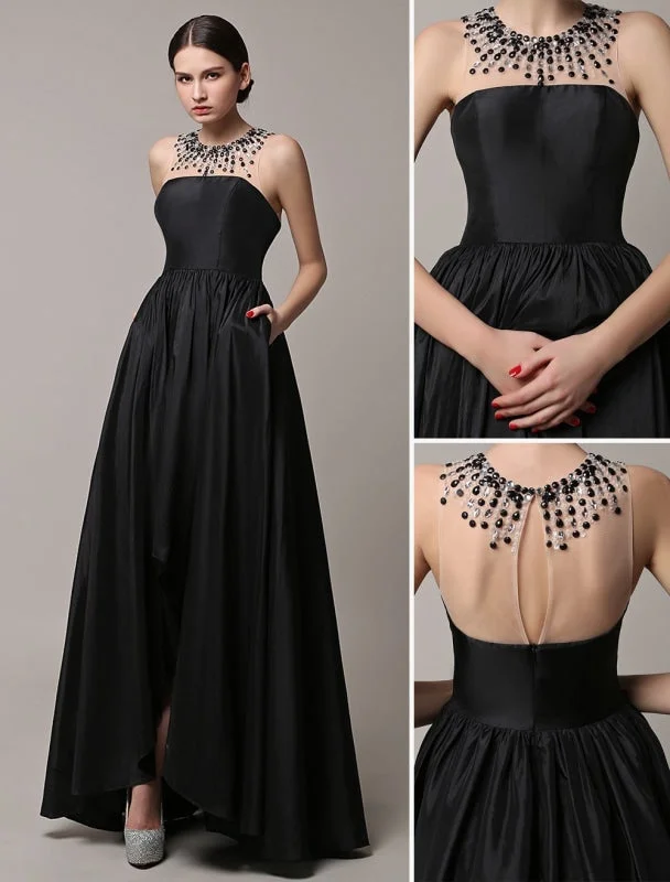 Black Prom Dresses 2021 Long Wedding Dress High Low Beading Illusion Neckline Taffeta Evening Dress Wedding Guest Dress Milanoo Beaded Lace Wedding