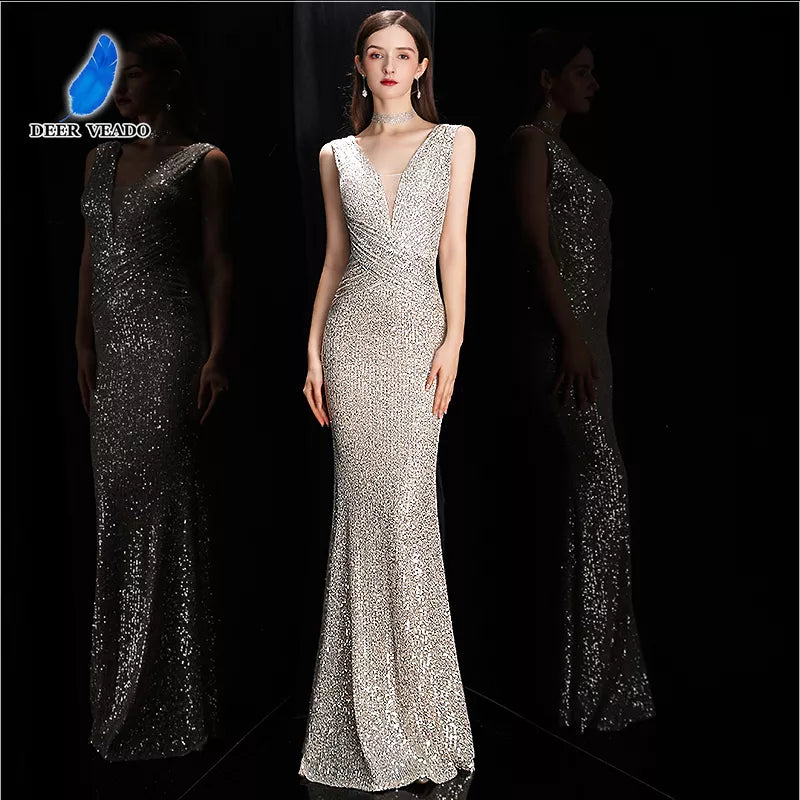 مجموعة أروين Elegant V Neck Sequin Evening Dress Long 2023 New Women Mermaid Formal Dress Party Gown Bodycon Maxi Prom Dress Sexy Wedding Dress