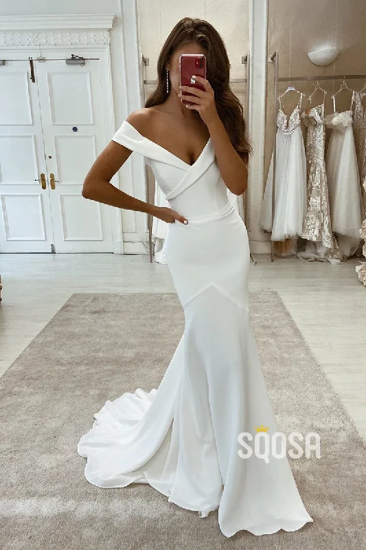 Ivory Satin Off The Shoulder Mermaid Wedding Dress QW2582 Wedding Gown Set