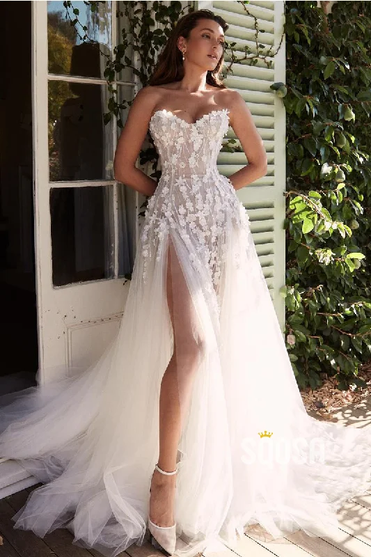 A-Line Strapless Applique Illuison Tulle Boho Wedding Dress Bridal Gown QW8019 Lace Train Dress