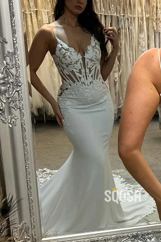 V-Neck Spaghetti Straps Illuion Appliques With Train Wedding Dress QW8158 Sexy Satin Gown