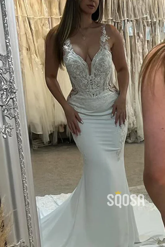 Satin V-Neck Spaghetti Straps Lace Applique Beaded With Train Wedding Dress  QW8160 Mermaid Style Gown