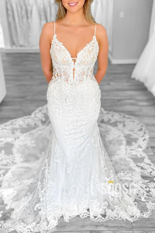 Trumpet V-Neck Spaghetti Straps Lace Applique With Train Wedding Dress QW8161 Formal Wedding Dress